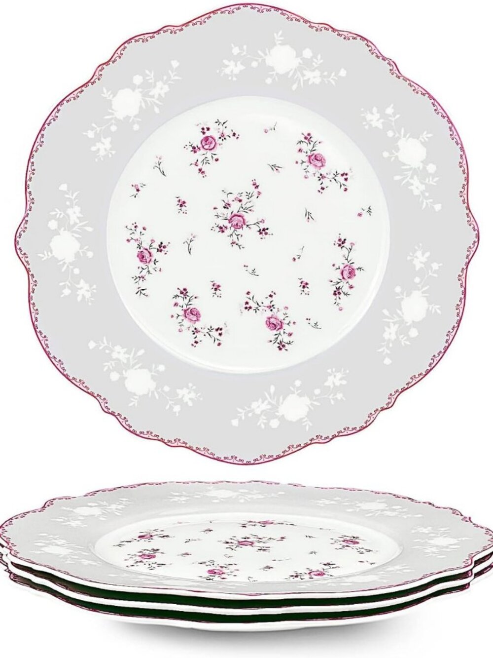 Set of 4 Elegant Pink Rose Porcelain Dessert Plates - Perfect for Parties